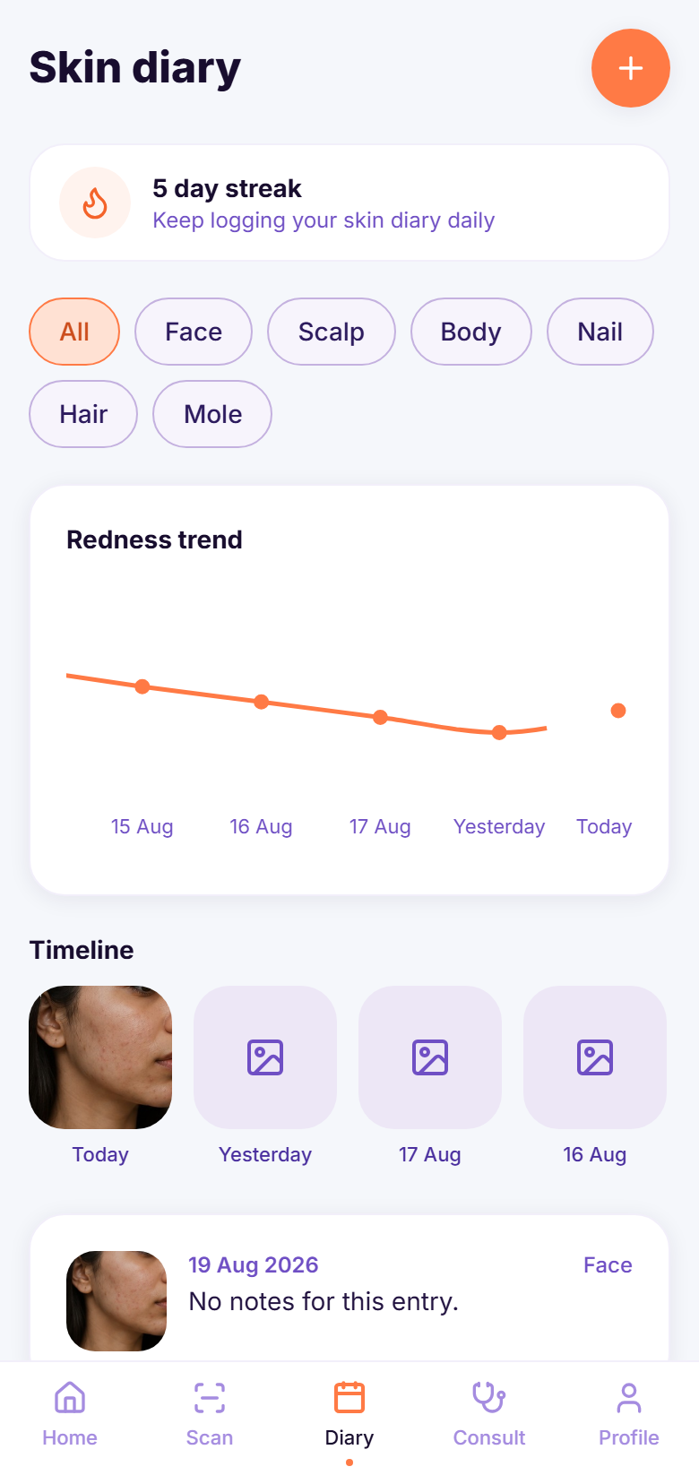 Skin diary screen